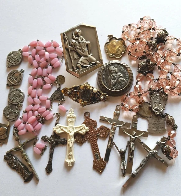 Vtg Rosary Pink Peach Glass Beads Repair Lot Crucifix Popes Medals Vtg Rosary Pink Peach Glass Beads Repair Lot Crucifix Popes Medals