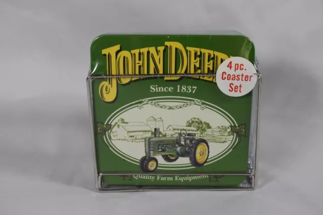 JOHN DEERE Four Piece Cork Coaster Set With Metal Holder 4x4 inch NEW in Package