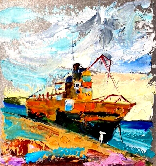 Old Ship ORIGINAL Oil Painting Italy ORIGINAL Art Seascape 3D Textured Signed