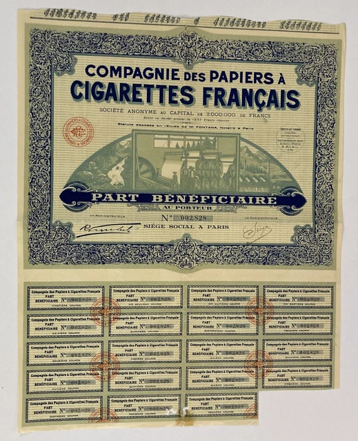 1930 Compagnie Des Papiers A Cigarettes Francais Stock Certificate France Blue