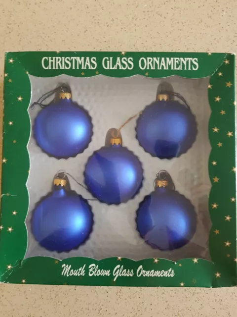 Box of 5 Vintage Glass Christmas Tree Baubles Royal Blue Silver Glitter