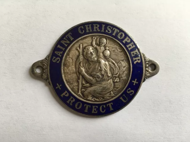 C1930s VINTAGE SAINT CHRISTOPHER PROTECT US ENAMEL CAR DASHBOARD PLAQUE