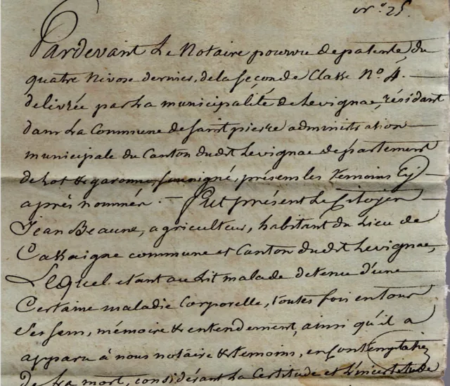 1799 Notarial Deed Testament BEAUNE husband BOUTY in Lévignac in the Lot-et-Garonne