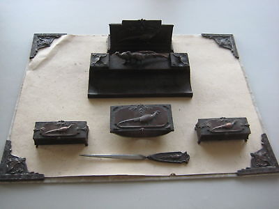 Antique Jb Usa Bronze Metal Pheasant Desk Art Inkwell Set Blotter Pen Tray Stamp