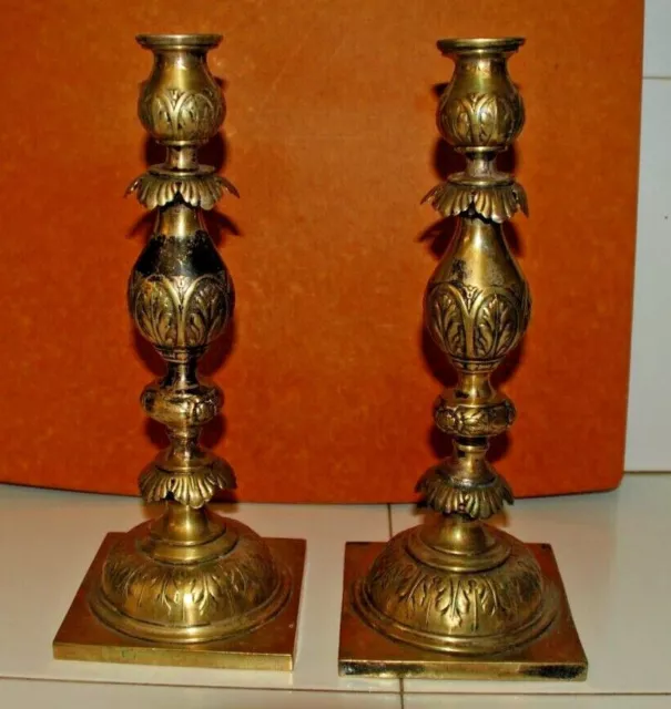 Tall, Ornate and Very Pretty Pair of Old Brass Plated Candle Sticks 13 1/2" Tall