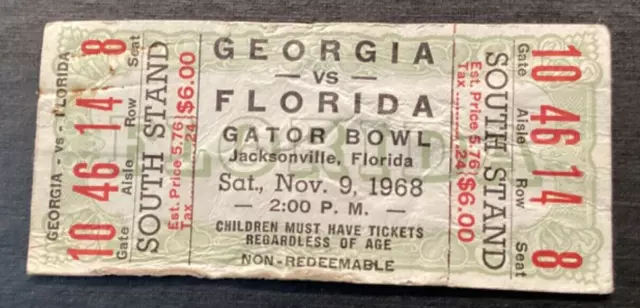 Vintage 1968 Georgia vs Florida Gator Bowl Jacksonville Ticket Stub