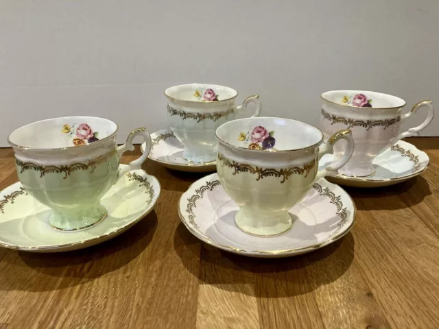 Beautiful Vintage Harlequin Crown Cups and Saucers X 4. Pink Blue Yellow Green