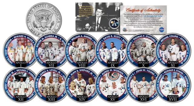 APOLLO ASTRONAUT CREWS Colorized JFK Half Dollar 12-Coin Set NASA Space Program