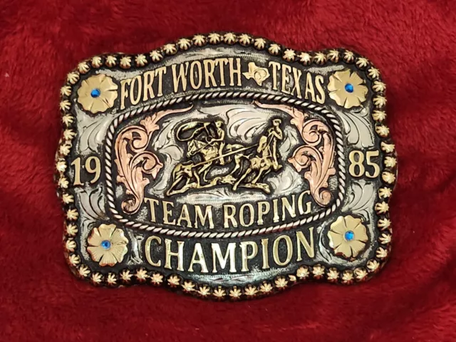 Team Roping Pro Rodeo Champion Trophy Buckle☆Fort Worth Texas☆1985☆Rare☆895