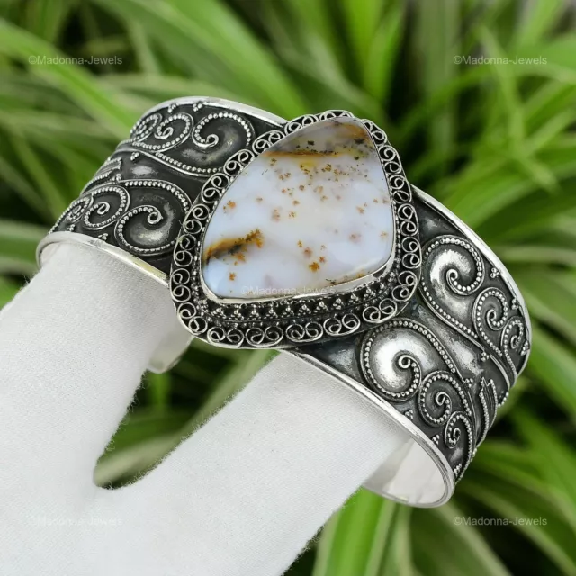 Natural Polka Dot Agate Gemstone 925 Silver Cuff Vintage Adjustable For Women