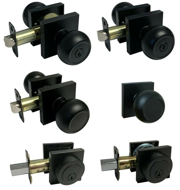 Matte Black Square Plate door locks Knobs Keyed entry privacy passage deadbolt