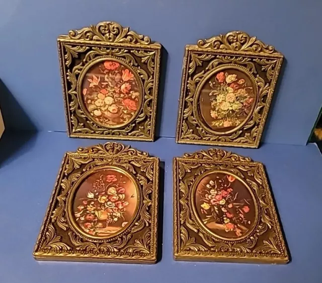 Vintage 4 Italy Ornate Brass Metal on Velvet Frames w/Oval Glass Floral Prints