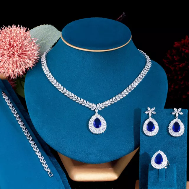 Top Silver Plated Blue CZ Leaf Drop Necklace Earrings Ring Bracelet Jewelry Set