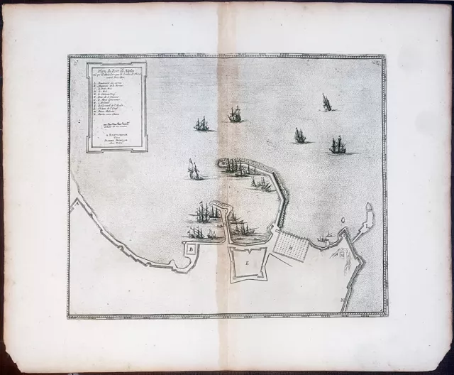 Stampa antica pianta militare porto napoli Pierre Mortier 1704 Joan Blaeu