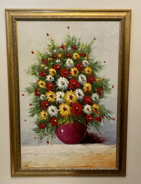 Large Oil Painting - Daisies Flowers in Purple Vase signed 72cm x 102cm