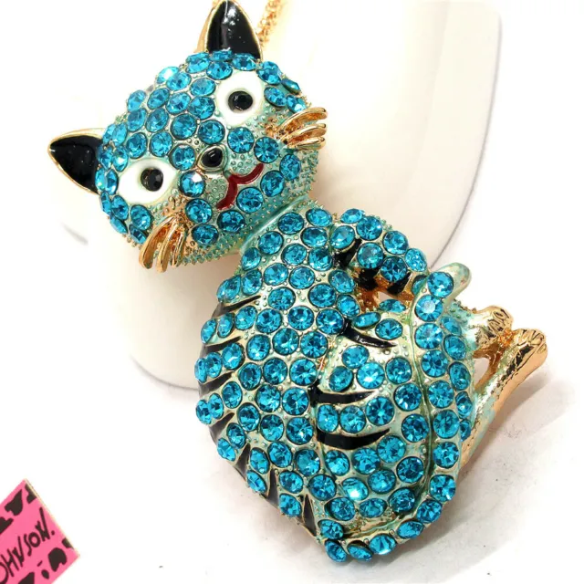 New Betsey Johnson Blue Bling Rhinestone Cute Cat Crystal Pendant Chain Necklace 2