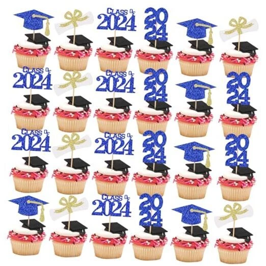 GRADUATION CUPCAKE TOPPERS 2024 Blue and Gold Class Of 2024 Cupcake