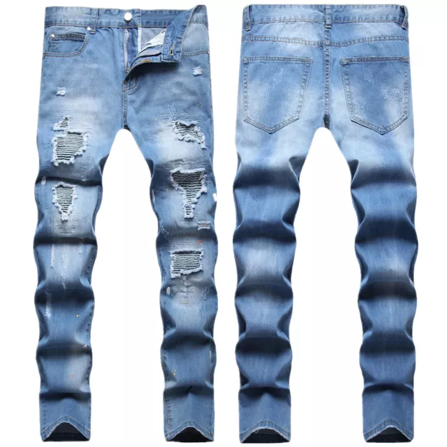Mens Frayed Slim Hip Hop Trousers Patch Denim Pants Casual Skinny Ripped Jeans