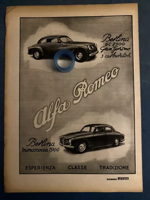 Rara Pubblicita’ ALFA ROMEO 2500 6 C G.T./1900 Monoscocca 1951