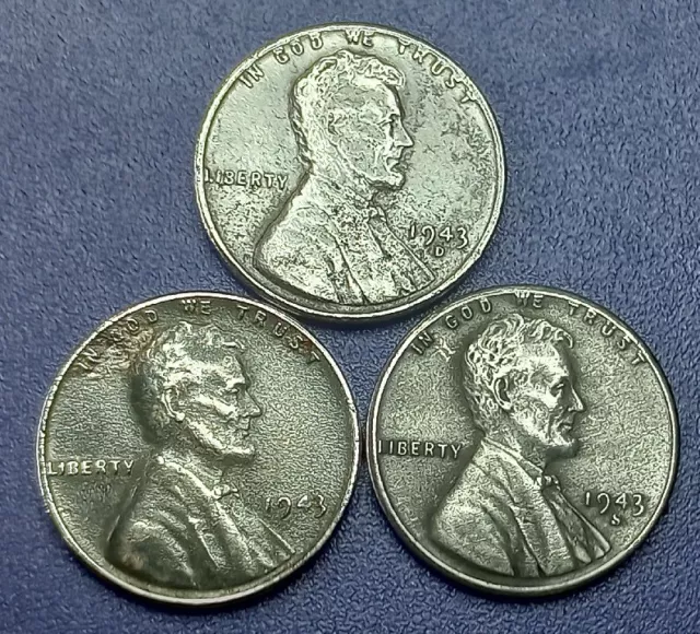 1943 P D S  LOW GRADE SET of 3  Steel/Zinc  Cents ACTUAL COINS, NO RESERVE 3654