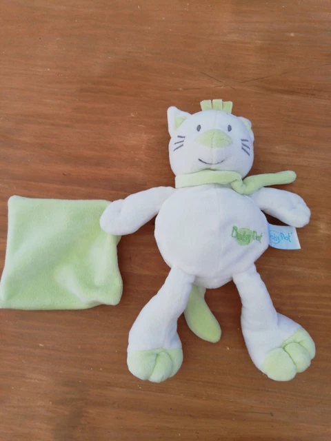 Doudou Peluche Babynat Chat Blanc Vert Mouchoir Pantin Douceur BN778