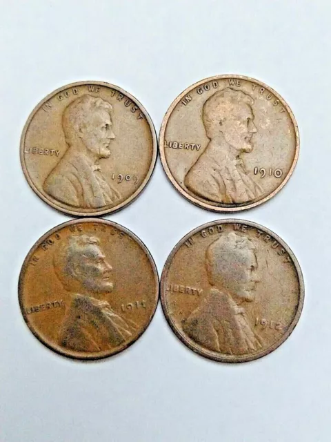 1909 1910 1911 1912 Lincoln Wheat Cent 1c Penny ~ 4  Coin Lot