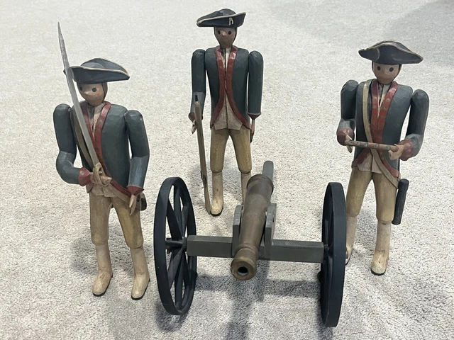 Three French Napoleon Soldiers Hand Carved Wood Figurines Moving Arms&Cannon '87 3