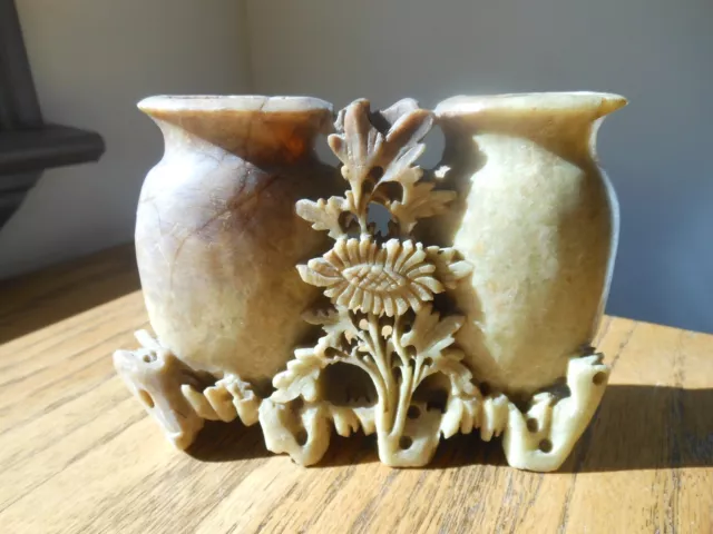 Chinese Hand Carved Soapstone Double Vase with Flowers and Intricate Details