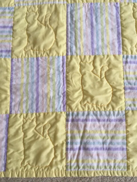 Handmade Baby Quilt W/Yellow & Pastel Stripe Blocks~Quilted Kitty Cats 3
