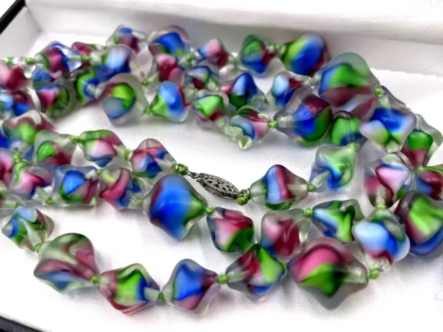 Iris Art Glass Old Vntg Necklace Handknotted Lng Flapper Sterling Filigree Clasp