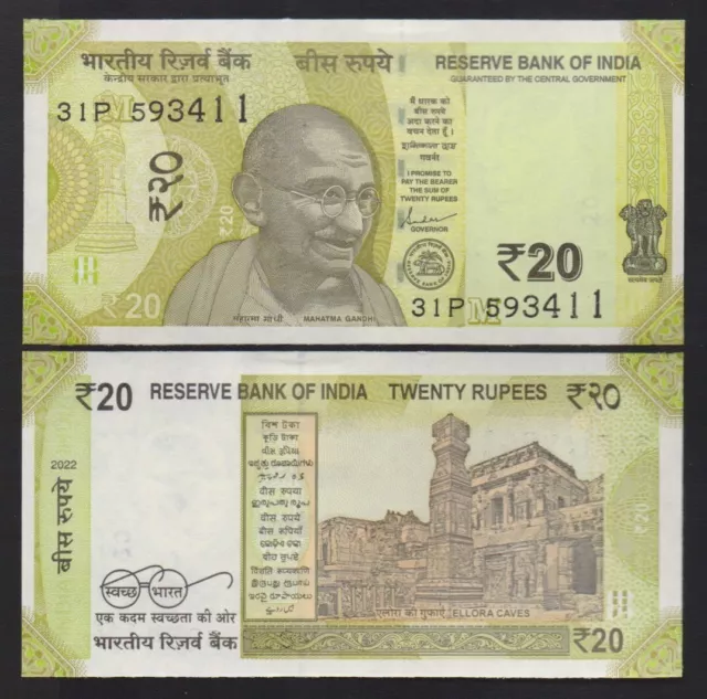 India:  B299d P#W110 20 Indian Rupees 2022 Uncirculated Banknote.