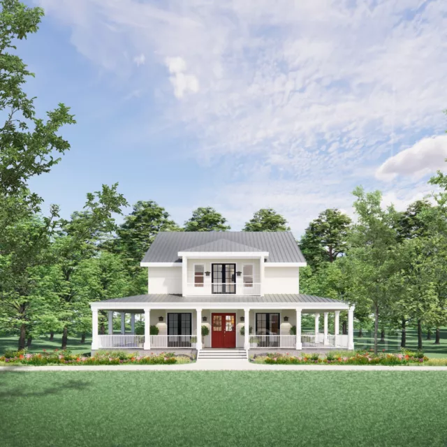 Custom Farmhouse Plan 3 bed 3.5 bath (51'x48') Custom House Plans and Blueprint