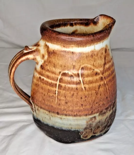 Studio Art Pottery Ice Lip Pitcher - Brown, Blue, Cream - 8" - Artist Signed