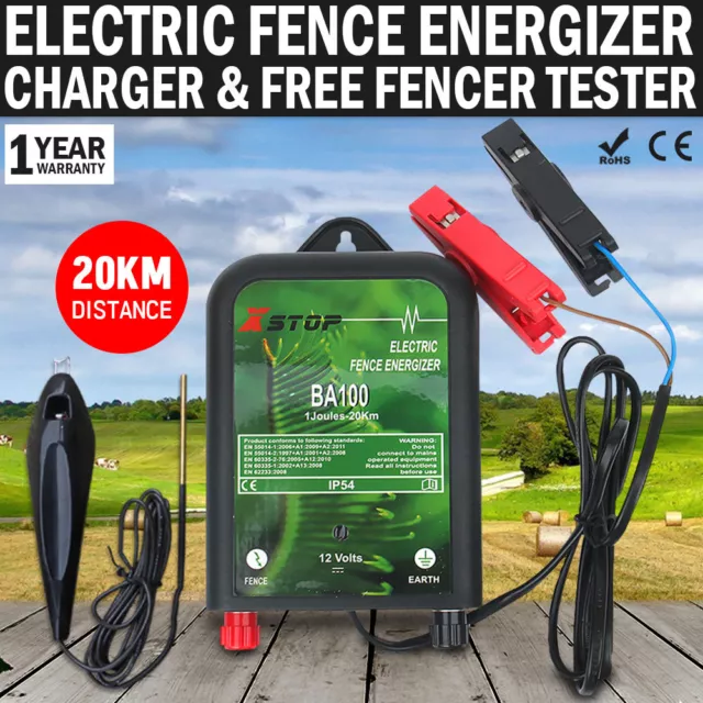 NEW 20km Electric Fence Energizer Energiser 12V Charger & Fence Voltage Tester