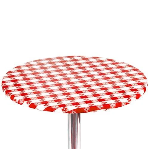 Checkered Vinyl Round Fitted Tablecloth with Flannel Backing Elasticized Tabl...