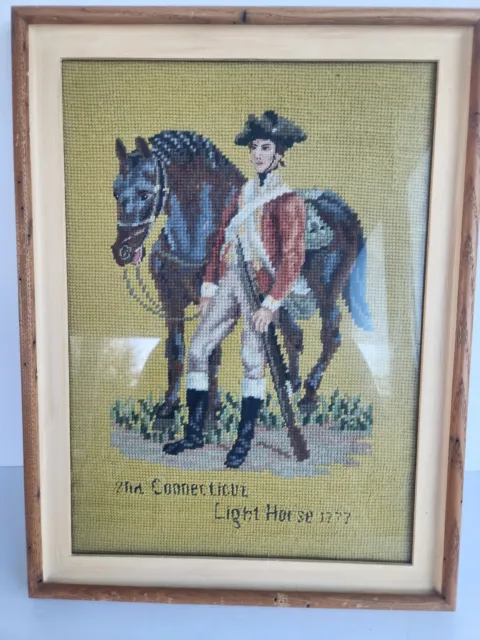 Antique Victorian Woolwork Embroidered 1777 RARE Soldier Horse Avocato Green