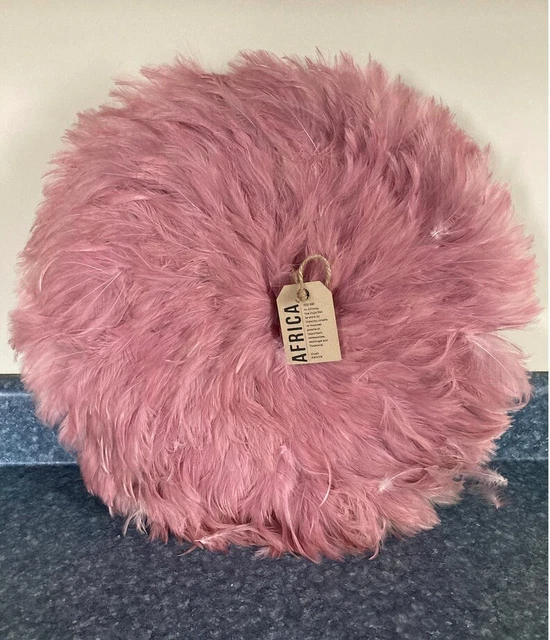 Kenyan feather “JuJu Hat” blush decorative wall hanging, feather basket medium