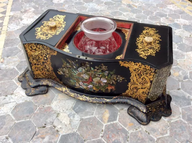 Antique 19th C. Papier Mache Tea Caddy,Gilt Black Lacquer Box,Mother Pearl Inlay