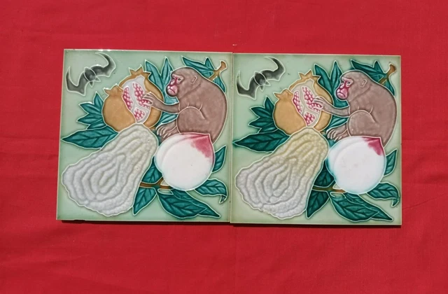 2 Piece Old Art Monkey Design Embossed Majolica Ceramic Tiles Japan 0225