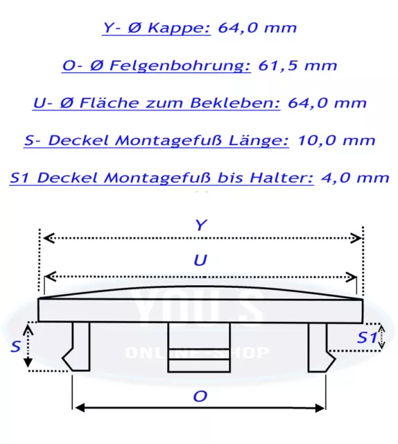 4 Nabenkappen Nabendeckel ohne Logo - Außen 64,0 Innen 61,5 mm für Volvo