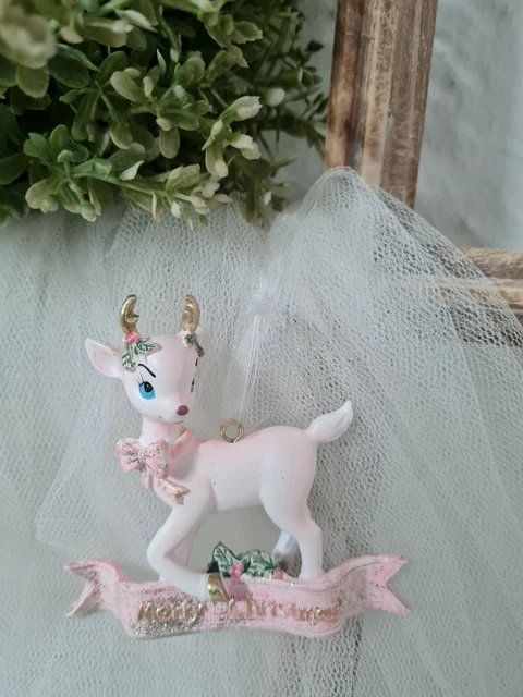 Christmas Tree Ornament Deer Bambi Merry Christmas Hanger Christmas Shabby Pink