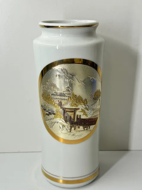 The Art of Chokin 24K Gold and White Porcelain Mountain Scene Tall Vase