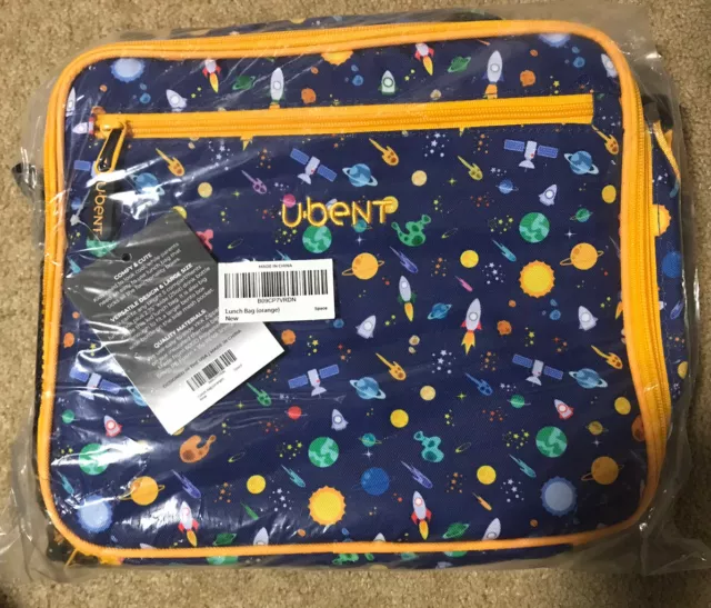 Bolsa de almuerzo aislada U-Bent cohete azul con etiqueta de nombre, bolsa de botella