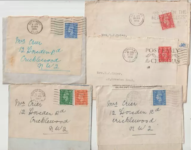 1944/52 5 etiquetas reutilizadas en 5 envs a cricklewood londres 3 ex essex 2 londres