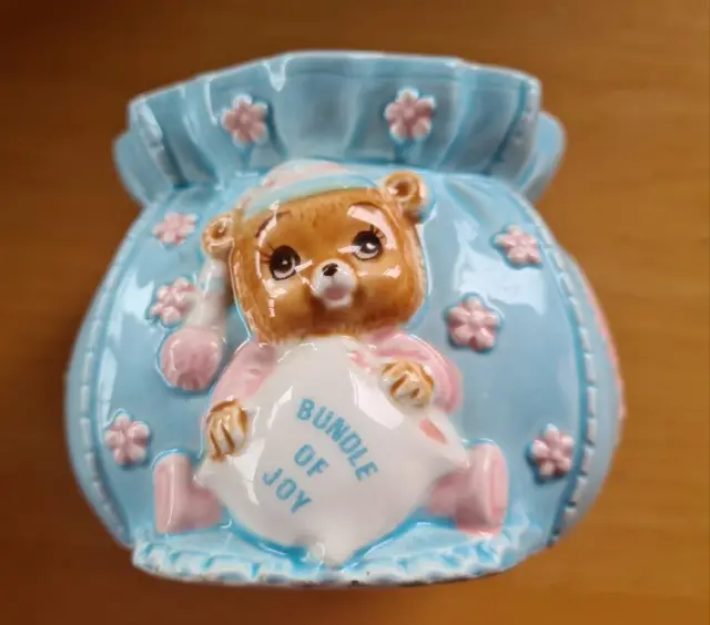 Vintage Lefton Japan Bundle of Joy Baby Nursery Planter Vase Blue Teddy Bear