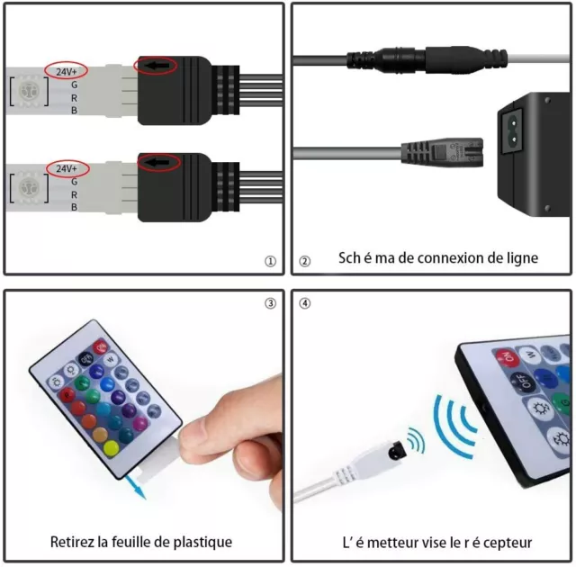 Ruban LED (2x10M) Bande LED 5050 RGB Compatible Google, Alexa Wifi Appli 24v 3