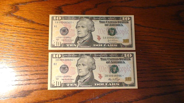 Two (2) New Design Ten Dollar Fed Reserve Star Notes $10 Bills Buy It Now!
