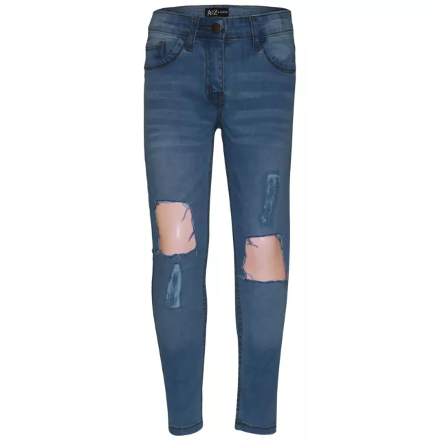 Kids Girls Skinny Ripped Jeans Light Blue Denim Fashion Stretchy Jeggings Pants