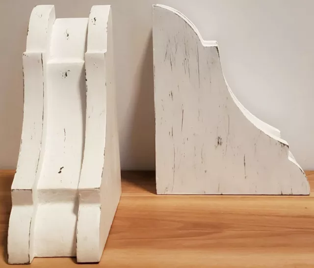 Pair of Distressed White Wood Corbels Shelf Brackets Rustic Farmhouse 001