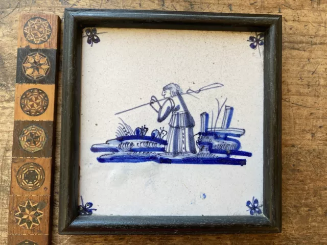 NICE! ANTIQUE 17th CENTURY DUTCH DELFT TILE fisherman Framed